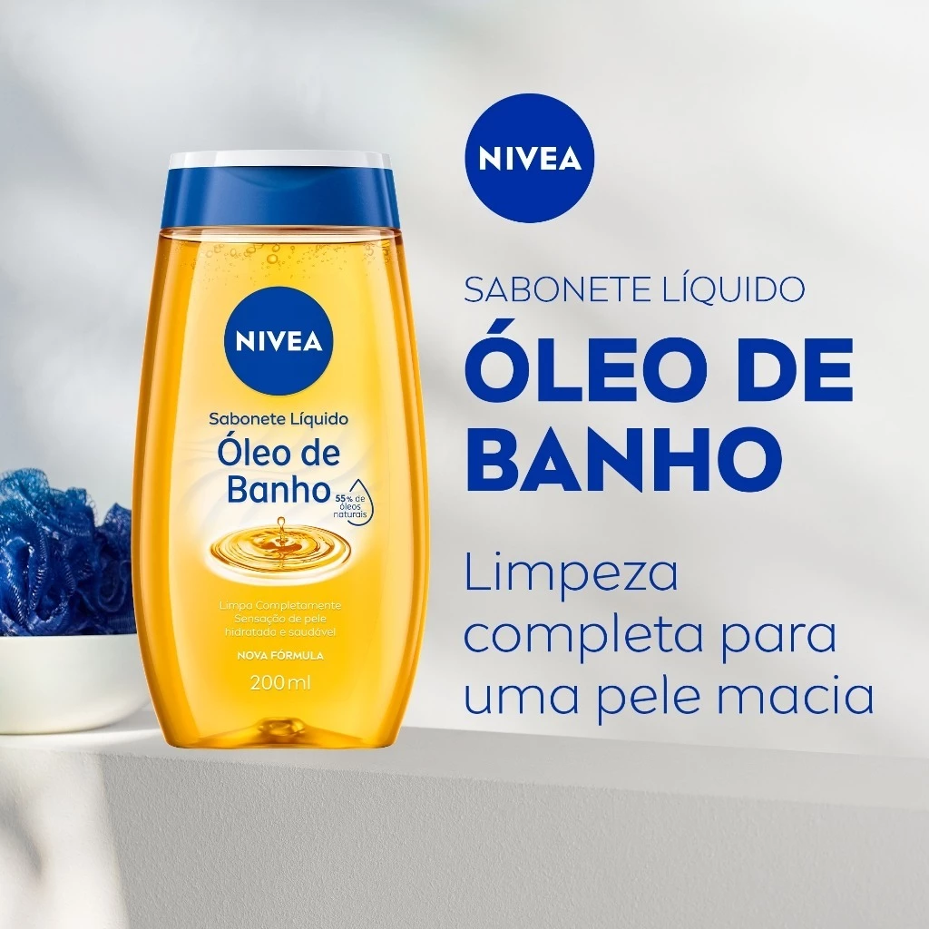 Frasco de Sabonete Líquido NIVEA Óleo de Banho 200ml em destaque com informações sobre hidratação e espuma