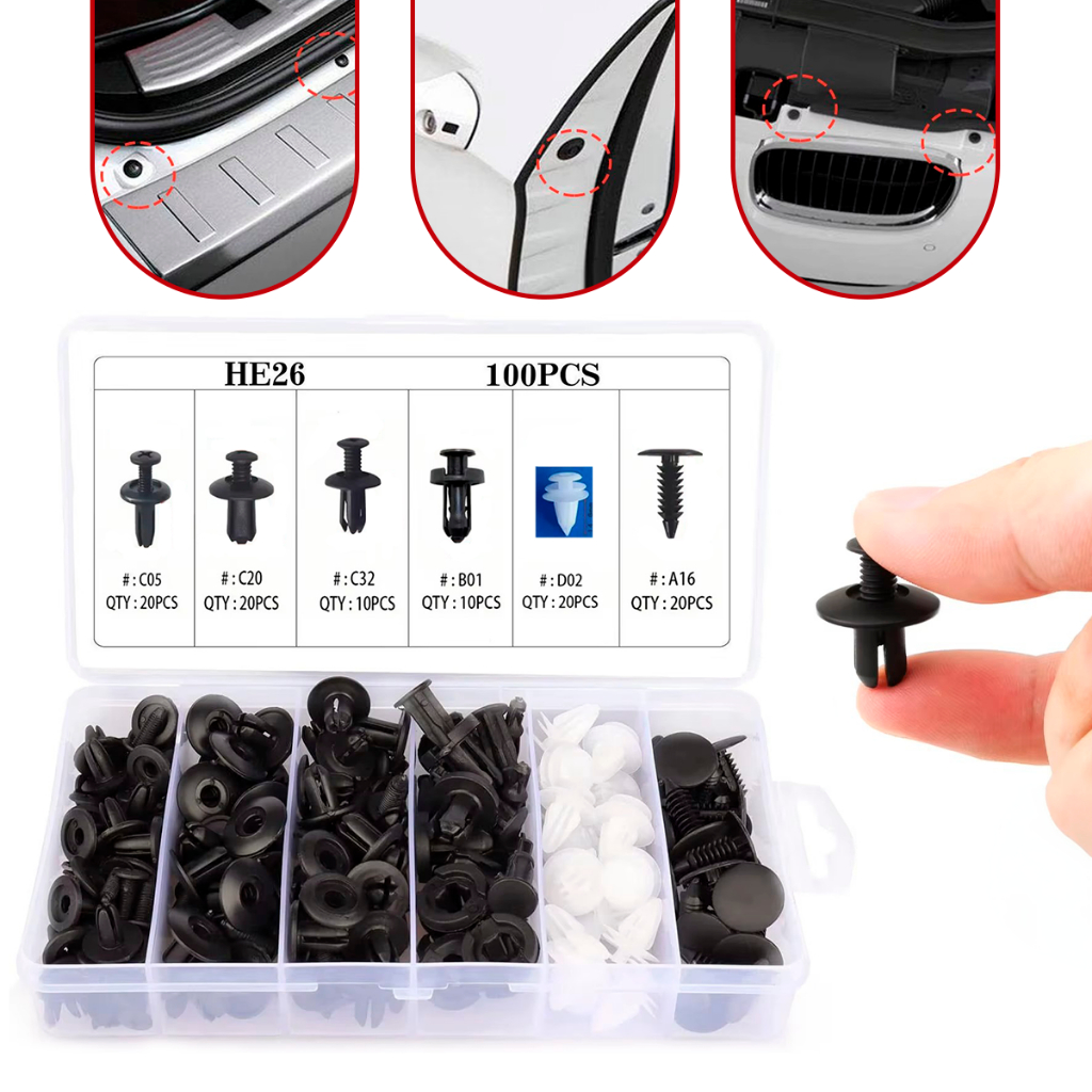 Kit Grampos e Presilhas Automotivas com 100 Peças + Estojo Organizador Universal Reforçado