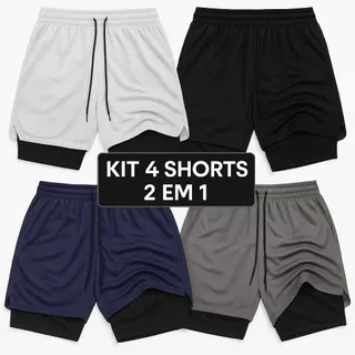 Kit 4 Shorts Masculinos 2 em 1 Com Elastano Secagem Rápida Para Academia e Treino