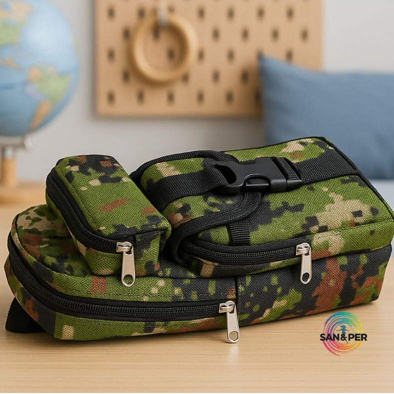 Estojo Escolar Militar Infantil Camuflado Masculino Múltiplos Bolsos Resistente Multifuncional