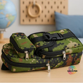 Estojo Escolar Militar Infantil Camuflado Masculino Múltiplos Bolsos Resistente Multifuncional