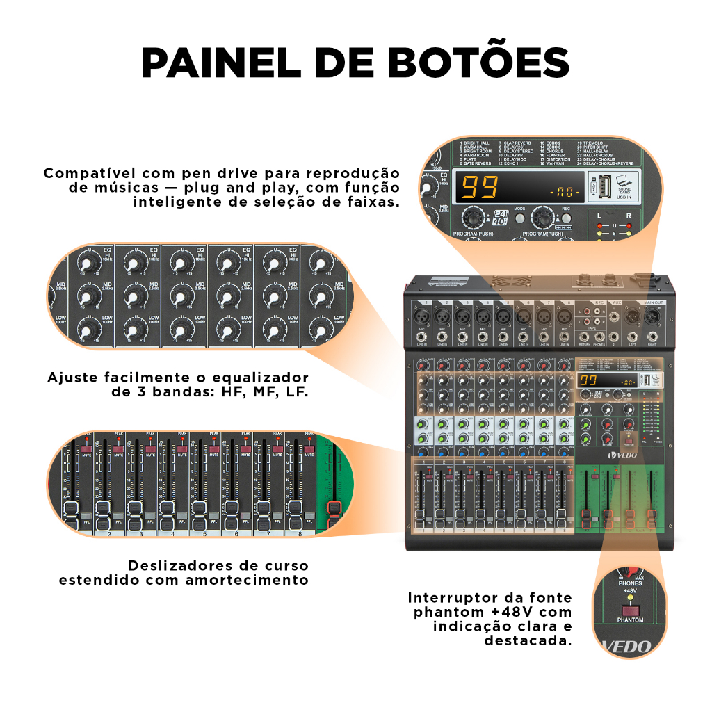 VEDO VDA308L Mesa De Som 8 Canais Com Amplificador 500W*2 99DSP