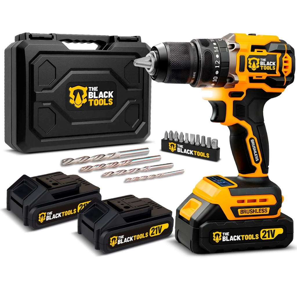 Parafusadeira E Furadeira De Impacto Sem Fio 2 Baterias 21v Acessórios Com Maleta The Black Tools