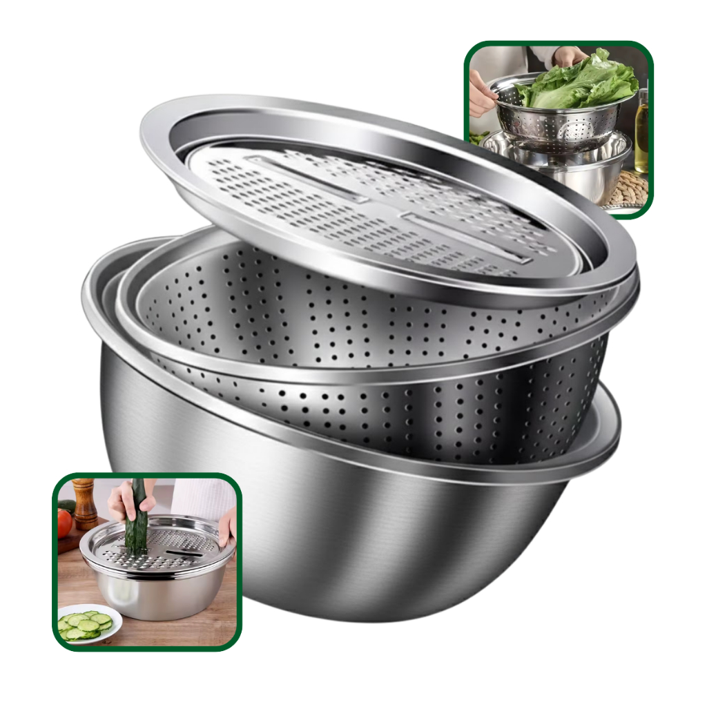 Escorredor Ralador Panela Multifuncional 3 Em 1 Aço Inoxidável Util Prateado Bowl Conjunto