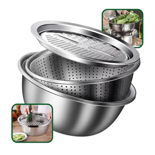 Escorredor Ralador Panela Multifuncional 3 Em 1 Aço Inoxidável Util Prateado Bowl Conjunto
