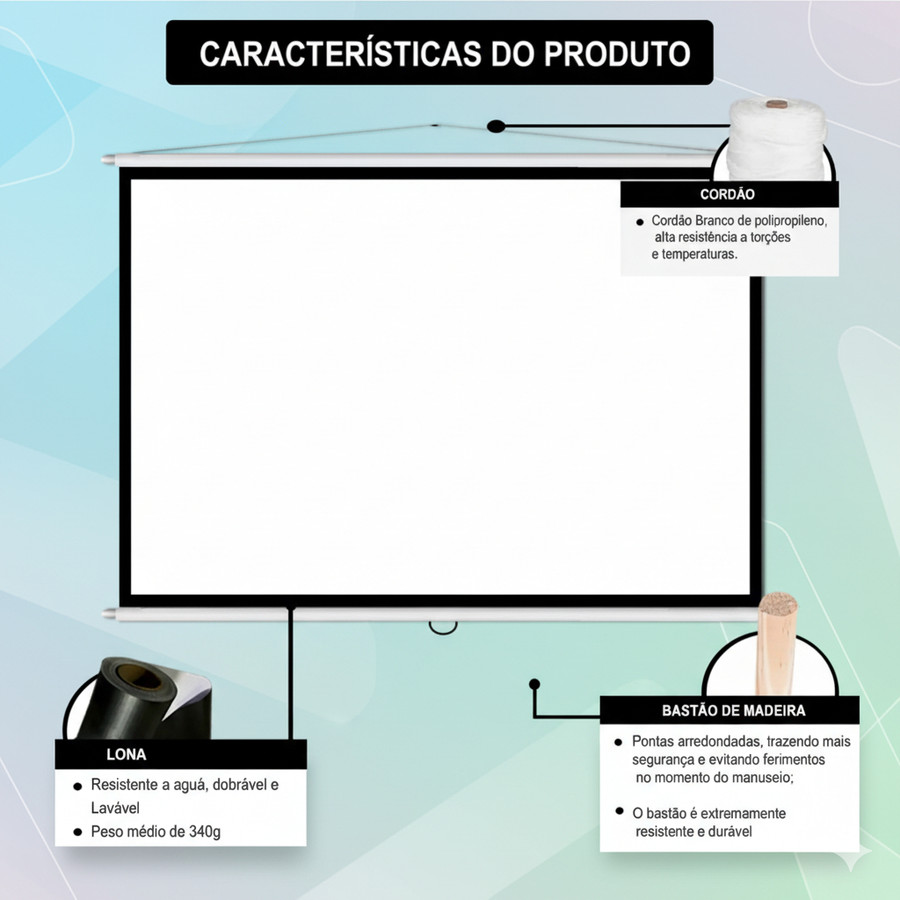 Tela Projetor 72" (120x100cm) Premium Fosca + Cordão - Home Theater Datashow