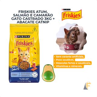 Ração Friskies Gatos 3kg Sabor Atum, Salmão e Camarão Sem Corantes Purina + Abacate de Catnip em Oferta na Shopee