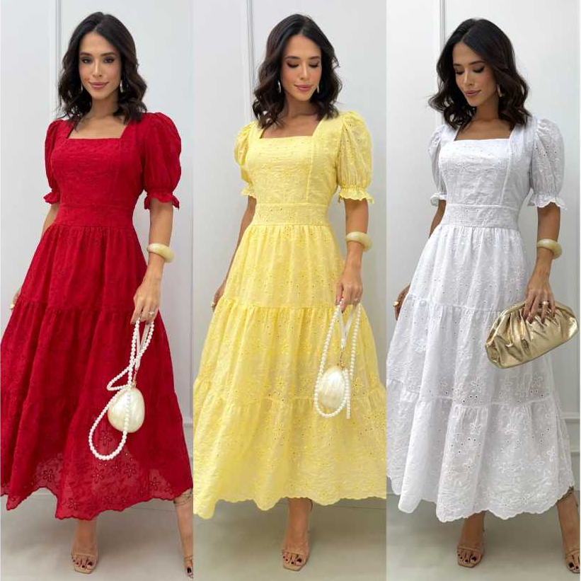 Vestido Midi Lese Bordado Cores De Fin Ano Com Manga Princesa | Shopee ...
