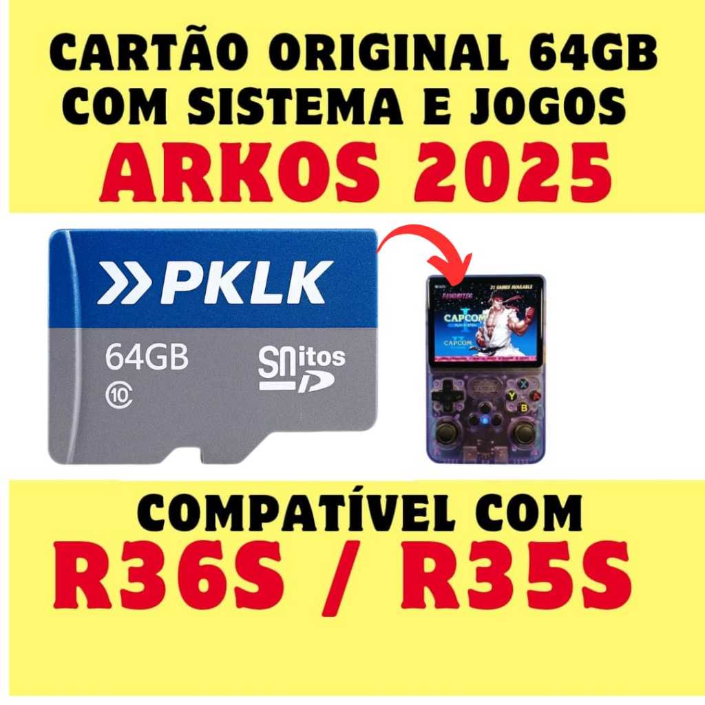 Cartão 64GB Com Sistema Arkos Para R36S e R35S - Micro SD Original ...