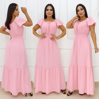 Vestido Feminino Longo com Manga Ciganinha Tecido Duna com Lastex na Cintura em Oferta na Shopee