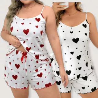 KIT COM 2 Conjuntos Pijama Plus Size Feminino Baby dool Estampa de Coração Verão Tamanho G1 ao G3 em Oferta na Shopee
