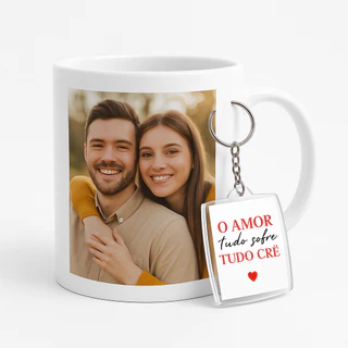 Caneca Personalizada de Porcelana + Chaveiro Acrílico Foto, Nome, Tema e Frases Personalizadas