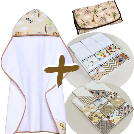 Kit com 14 Peças 1 Toalhas de Banho Bebê Forrada +6 Fraldinha Boca +6 Toalhas+1 Trocador Portátil