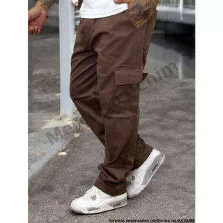 Calça Masculina Cargo Sarja Colorida Cos Elástico Skatista Militar Trilha Marrom/Caqui