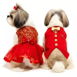 Roupa Pet Luxo Natal Papai Noel Roupinha Vestido Colete Smoking para Gato e Cachorro