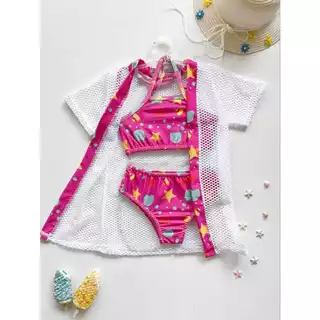 Biquíni Infantil Juvenil Menina Conjunto 3 Peças Saída de Praia Kimono Roupa Natal Final de Ano