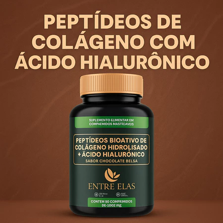 Peptídeos Colágeno com Ácido Hialurônico Mastigável Chocolate 90 Comprimidos Pele Jovem