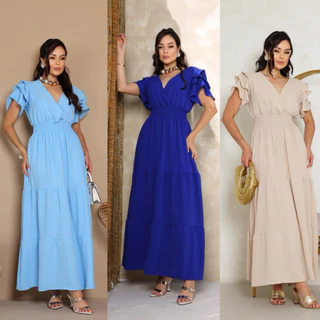 Vestido Longo Feminino Saia 3 Maria Manga Curta Babado Moda Evangelica em Oferta na Shopee