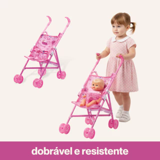 Carrinho de Boneca Bebê Reborn Brinquedo Desenho Rosa Faz de Conta Dobrável