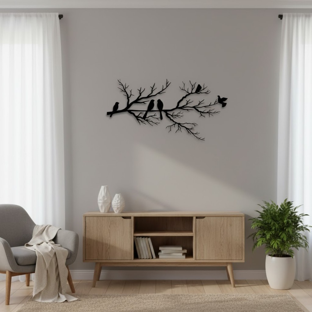Quadro Decorativo Galho com Pássaros em MDF