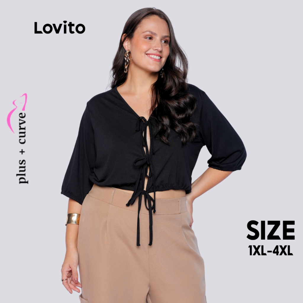 Lovito Blusa Plus Size Manga 3/4 Amarração Laços Frontais Decote V Moda Feminina LB264BRL293