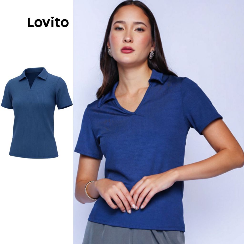 Lovito Gola Polo Azul Moda Casual Lisa Feminina LB639BRL669