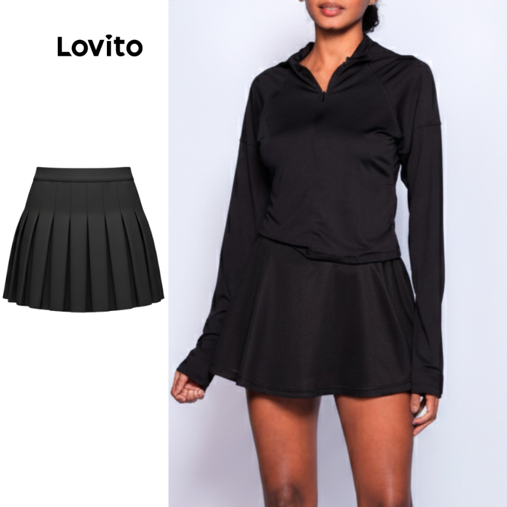 Lovito Saia Esportiva Tenis Curta Rodada Preta Basica Feminina Lisa LB884BRL914