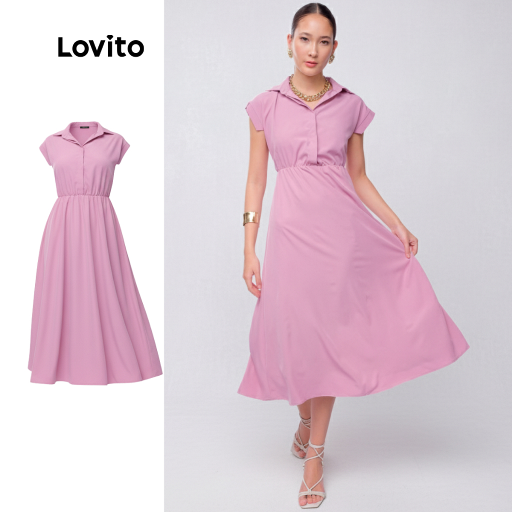 Lovito Vestido Midi Rosa Moda Elegante Feminino Liso em A LB612BRL642