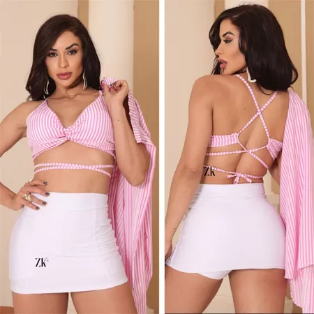 Conjunto Camisa com Cropped Listrado e Liso Feminino Tendência Moda 2025
