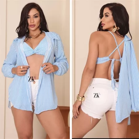 Conjunto Camisa com Cropped Listrado e Liso Feminino Tendência Moda 2025