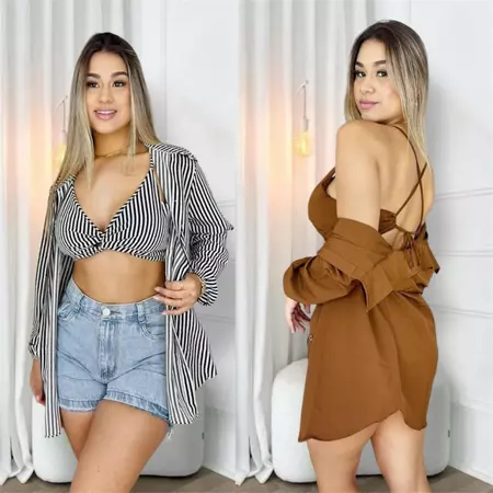 Conjunto Camisa com Cropped Listrado e Liso Feminino Tendência Moda 2025