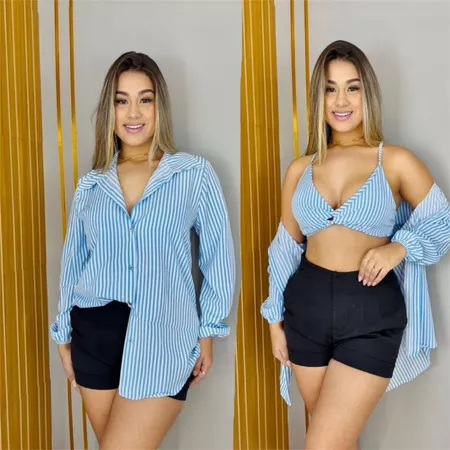 Conjunto Camisa com Cropped Listrado e Liso Feminino Tendência Moda 2025