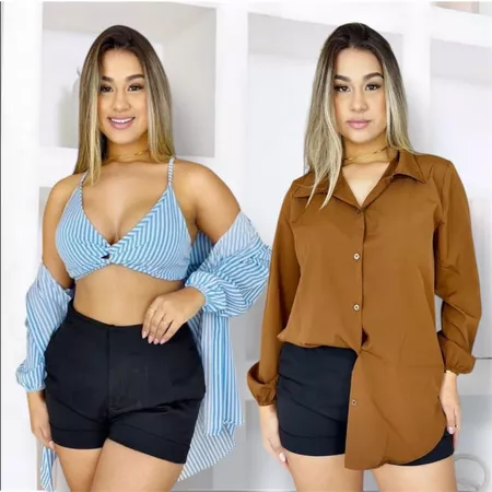 Conjunto Camisa com Cropped Listrado e Liso Feminino Tendência Moda 2025