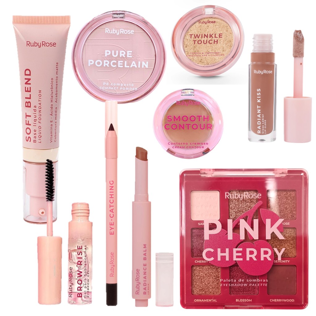 Kit Maquiagem Linha Rosa Ruby Rose com Base Pó Facial Contorno ...