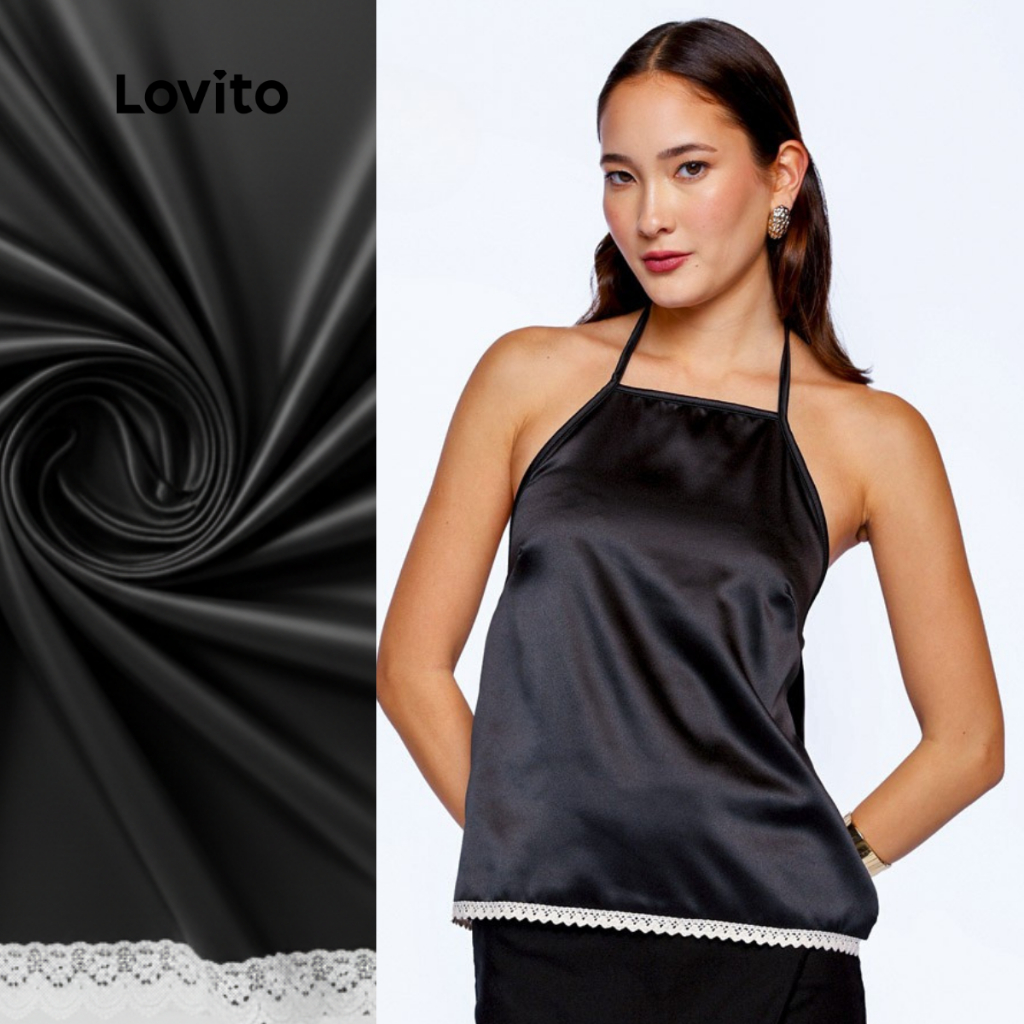 Lovito Blusa Regata Cetim com Renda | Top Social Elegante para Festa/Look Noite LB778BRL808