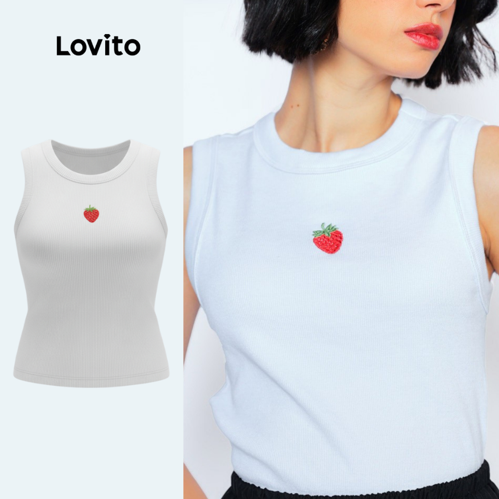 Lovito Regata Branca Basica Pequeno Bordado de Morango Feminino LB1385BRL1415