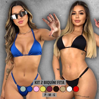 Kit 2 Biquíni Marquinha De Fita Fio Dental Feminino Bronze Cortininha Moda Verão Suplex Biquine Regulagem Sem Bojo Praia em Oferta na Shopee