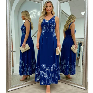 Vestido Longo Estampado Feminino Viscolinho Lastex Cintura Verão P G – EKL MODA em Oferta na Shopee