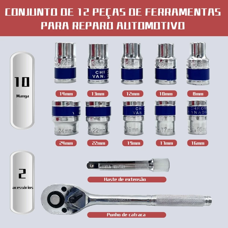 12 Peças Jogo De Chave Catraca Reversível Soquetes Aço Cromo Vanádio(CVR) Kit Ferramentas Mecanico