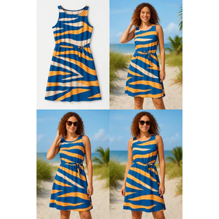 Vestido Regata Feminino Forrado com Cinto Tecido Crepe Azul Estampado Casual