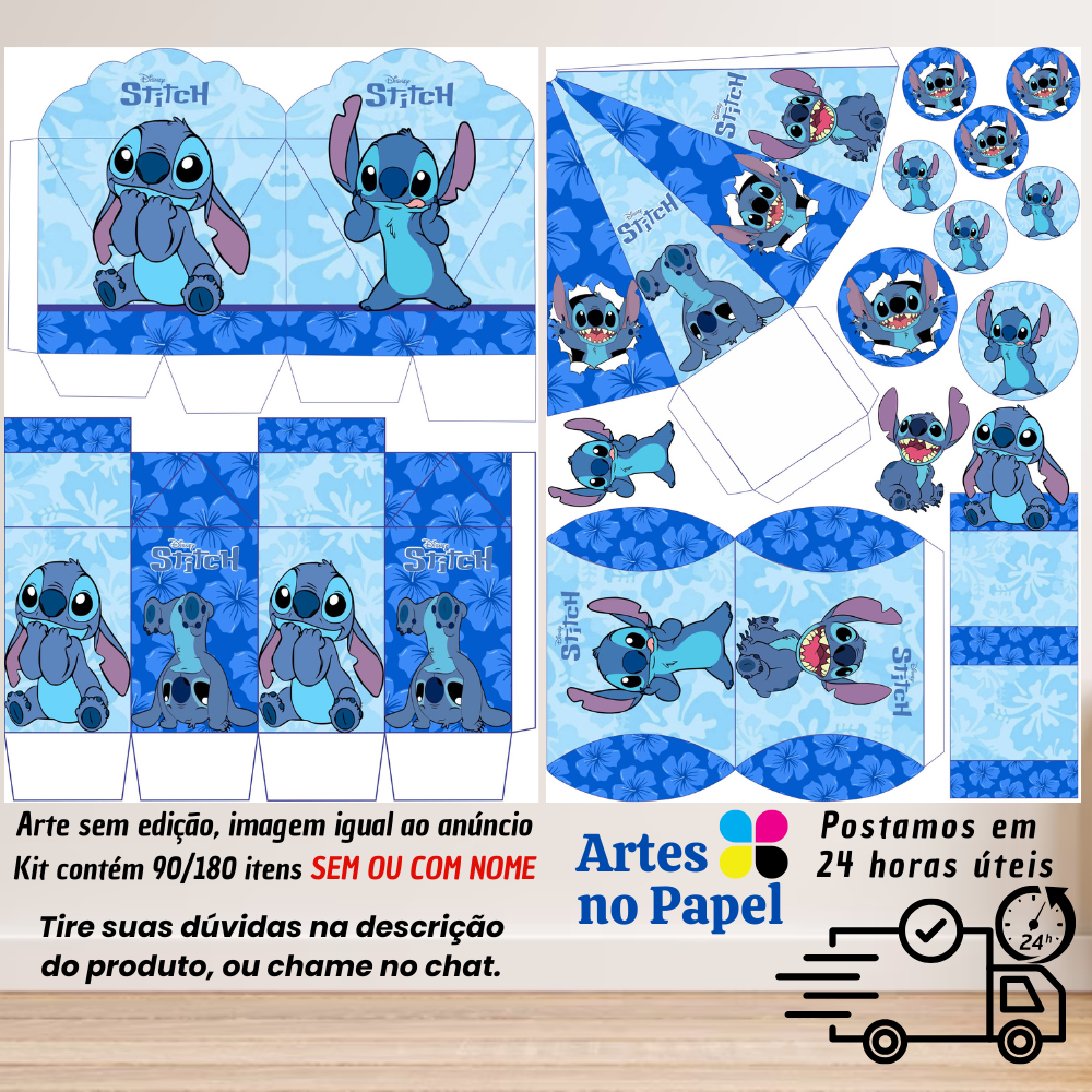 Stitch Azul Kit de Lembrancinhas com 180/90 Itens SEM/COM NOME
