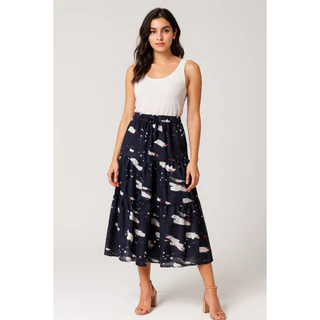Saia Longa Feminina Crepe de Seda Azul Marinho Estampada
