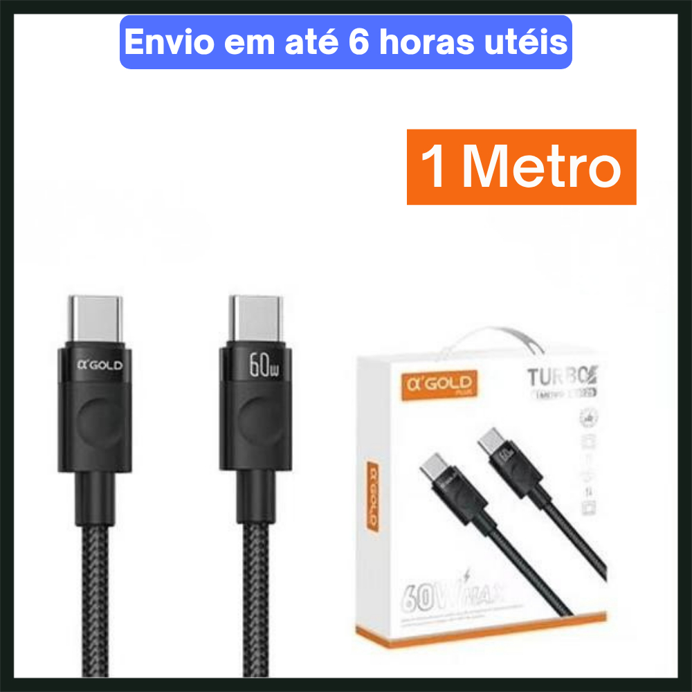 Cabo USB-C A’Gold CB125 60W Turbo 1 Metro Carregamento Rápido e Dados - Revestimento Nylon Trançado