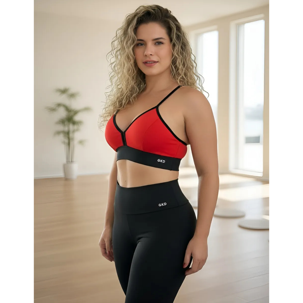 Conjunto Feminino GKD Academia Calça Legging Preta Top Sem Bojo Colorido Zero Transparência