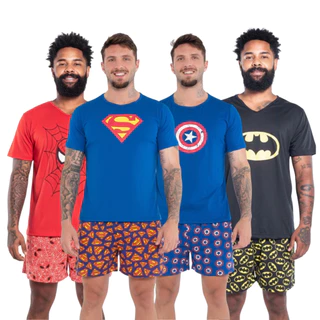 Kit Pijama Masculino Curto Verão e Samba Canção Estampada Heróis Confortável em Oferta na Shopee
