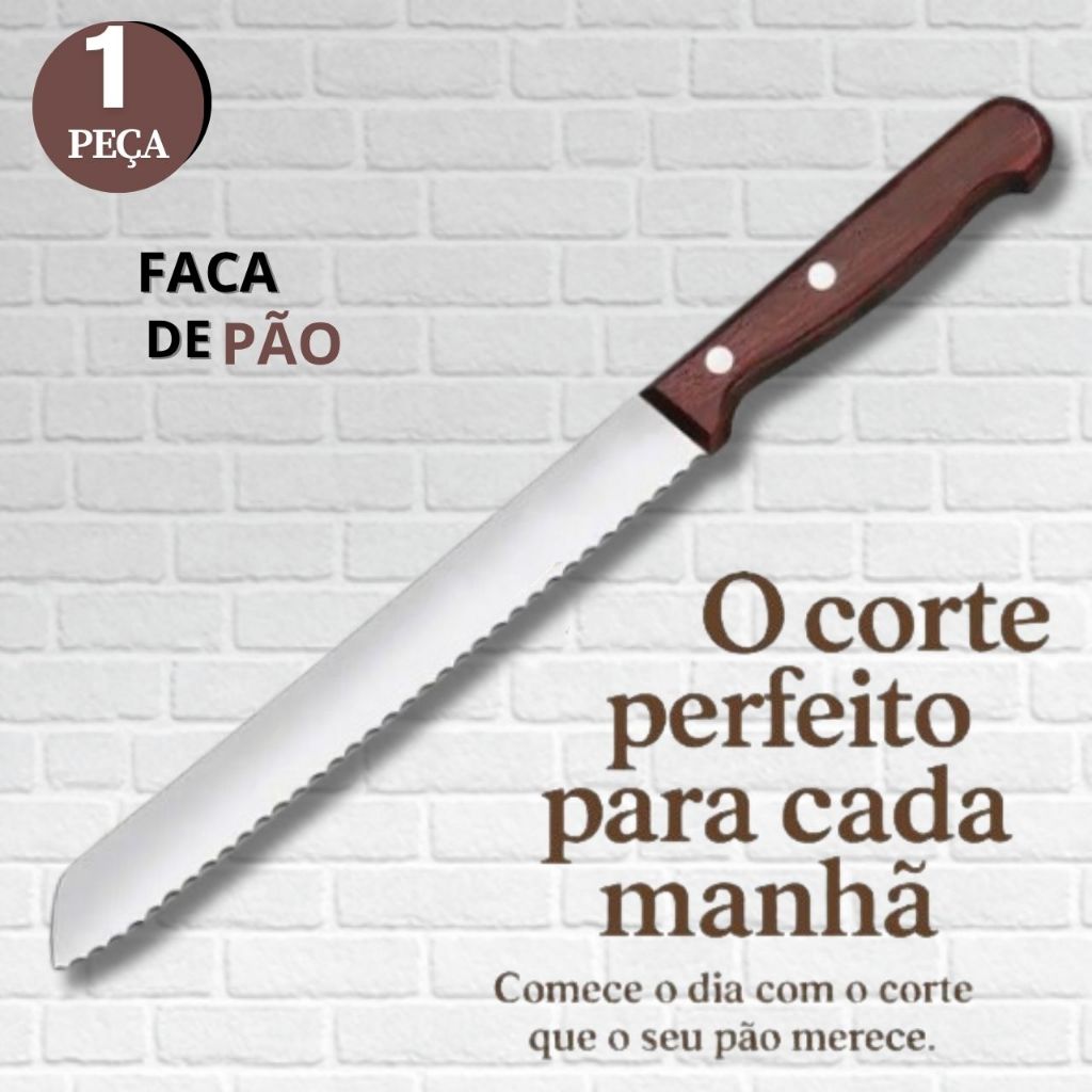 Faca Cortar Pão e Bolos INOX Serrilhada Cabo Madeira para Co