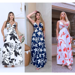 Vestido longo de argola decotado modelo alcinha em Oferta na Shopee