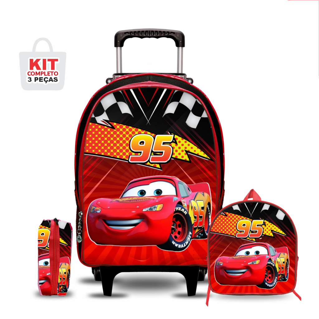 Kit Mochila escolar Carros com Lancheira e Estojo - Rodinha - Menino - Masculino