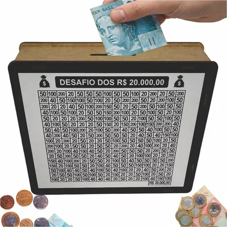 Cofre Cofrinho Desafio 20 e 50 mil Caixa de Dinheiro MDF/Método Japonês/Poupança/Contador Presente