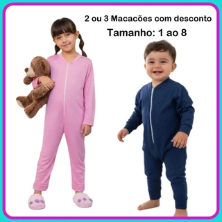 1, 2 ou 3 Macacão Com Zíper Malha Fria Pijama Infantil 1 ao 8 Menino e Menina em Oferta na Shopee